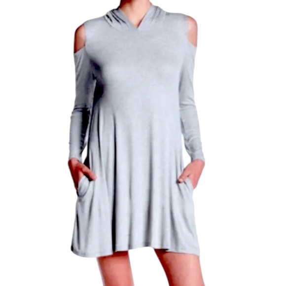 Elan Cold Shoulder Hoodie Dress Medium 6 8 Grey 2 Pockets Long Sleeve Shift NWT - Picture 3 of 10